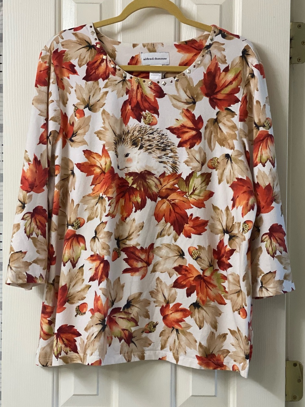 Alfred Dunner Fall Autumn Leaf & Hedgehog Print 3/4 Sleeve Top Size XL